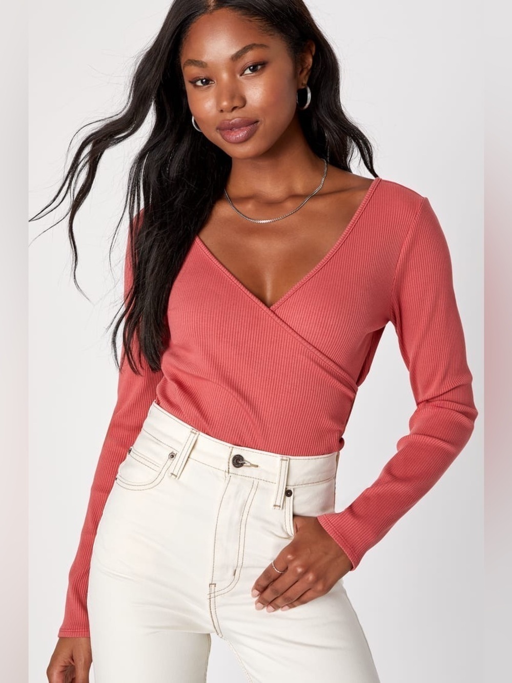 Lulus All Day Fave Rusty Rose Ribbed Surplice Long Sleeve Top Size XL NWT